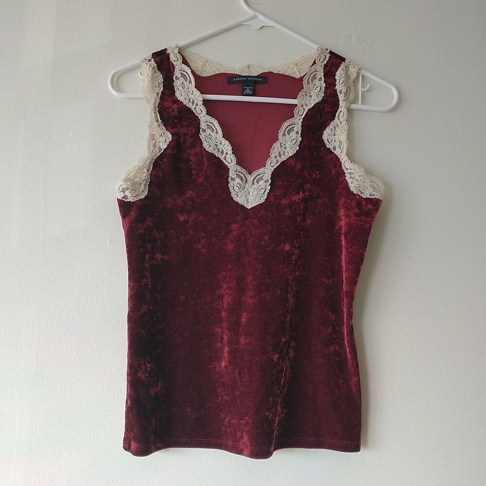 Vtg Y2k Banana Republic Top Womens M/XS*Red Burgundy Velour Lace Sleeveless